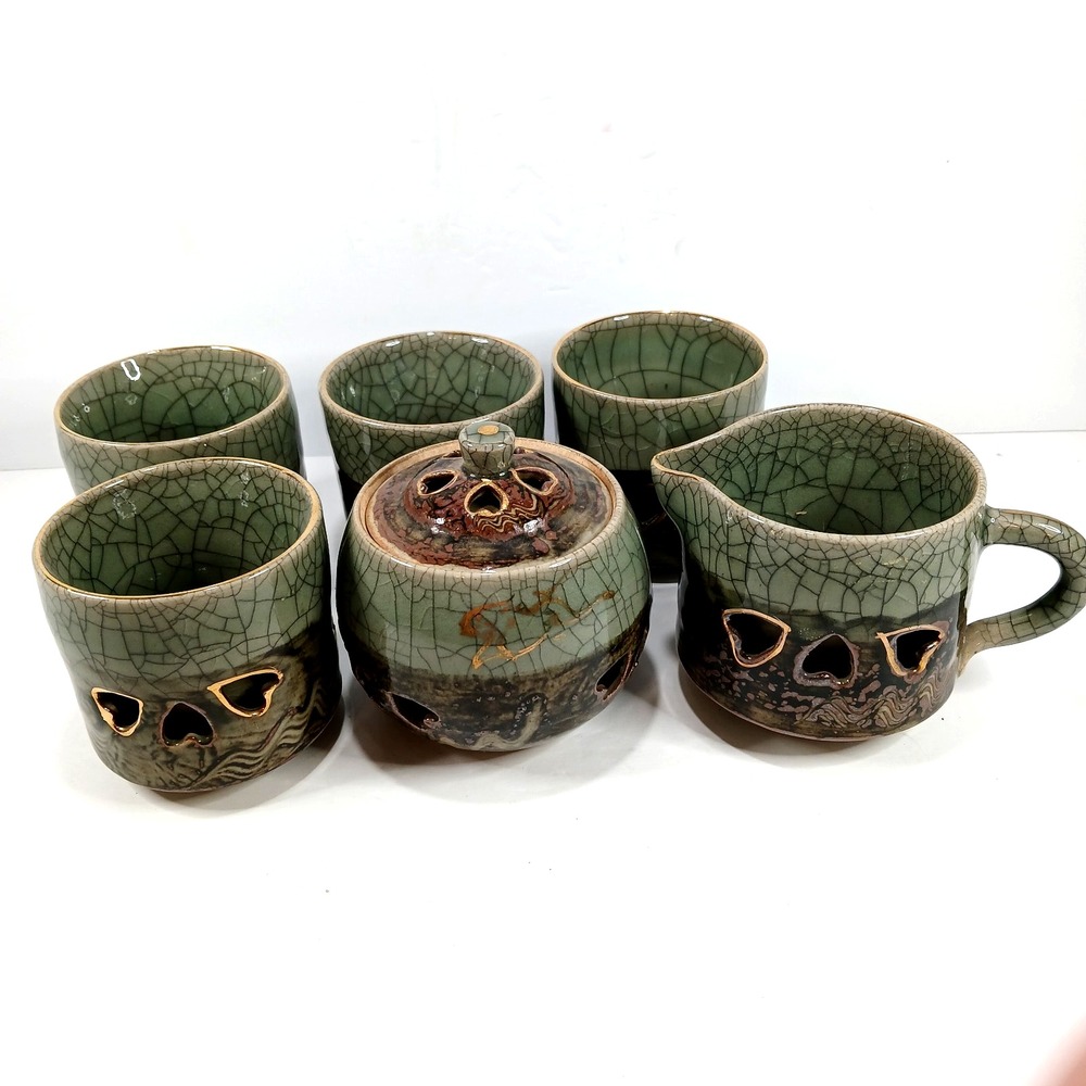 4 Tea Cups w/ Sugar & Creamer Japan Somayaki Somaware Double Wall Hearts Horses